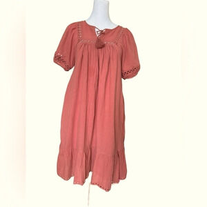 Old Navy Puff-Sleeve Tie-Neck Eyelet Mini Swing Dress for Women Size XS Tall